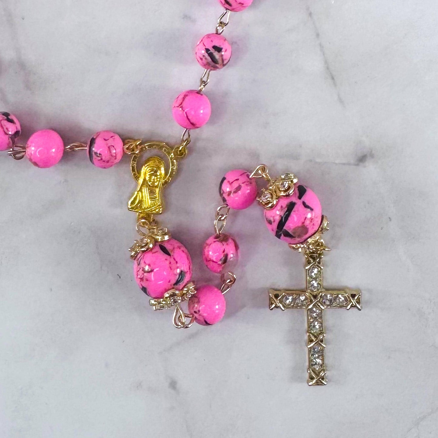 Our Lady of Peace Pink Terrazzo Shell Beaded Rosary