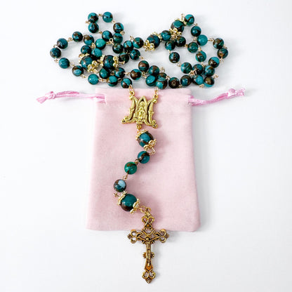 Miraculous Medal Green Cloisonne Jasper Beaded Rosary