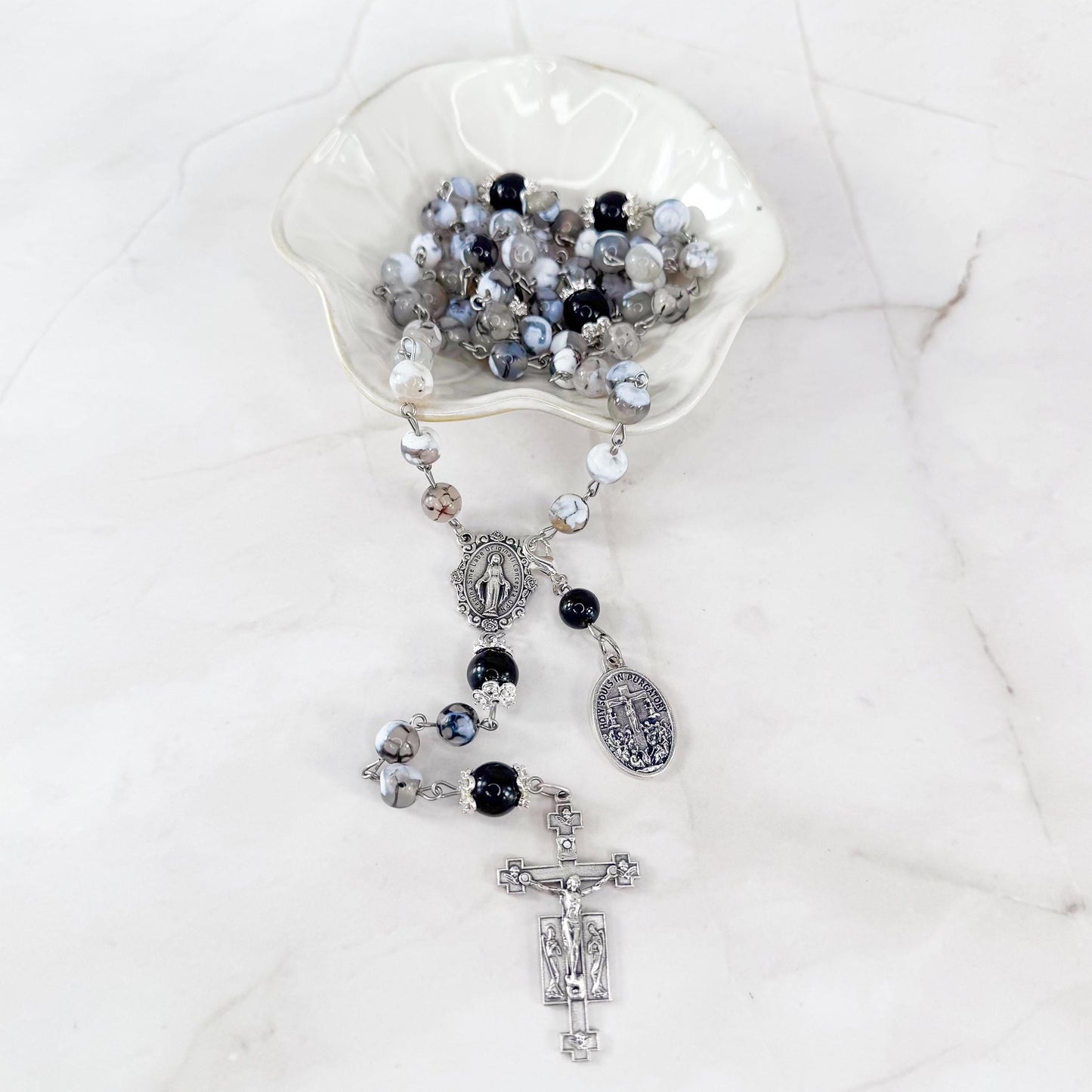 Holy Souls in Purgatory Black Onyx Beaded Rosary