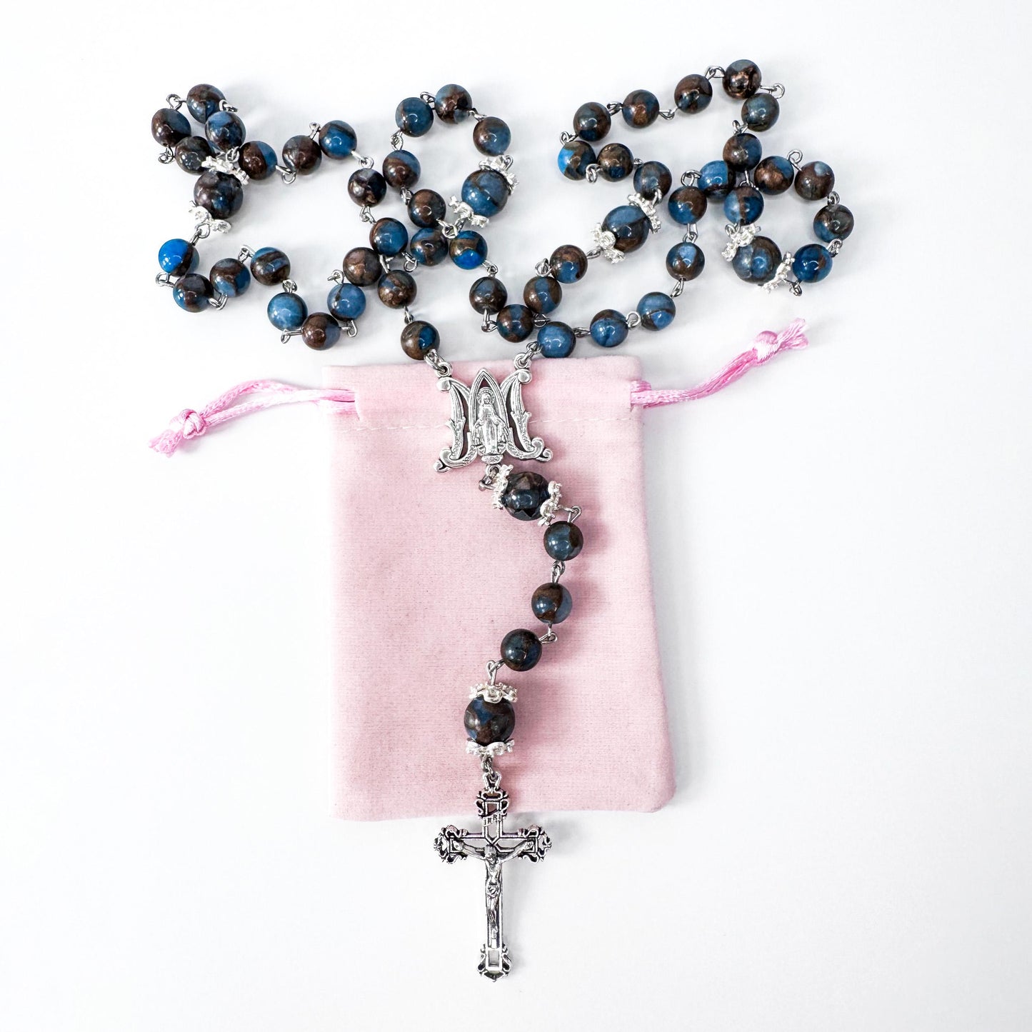 Miraculous Medal Blue Lake Cloisonne Jasper Catholic Rosary
