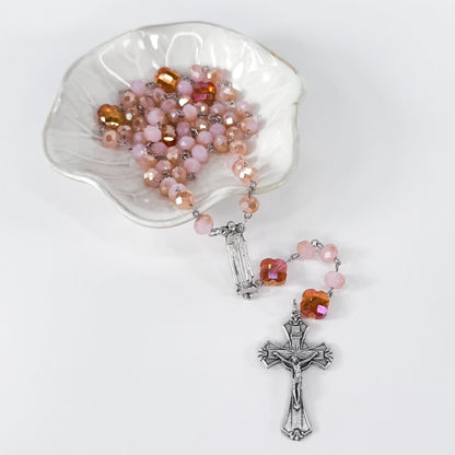 St Therese of Lisieux Devotional Rosary Set, Rose Crystal Beaded Necklace, Little Flower Catholic Stickers, Handmade Catholic Gifts for Her