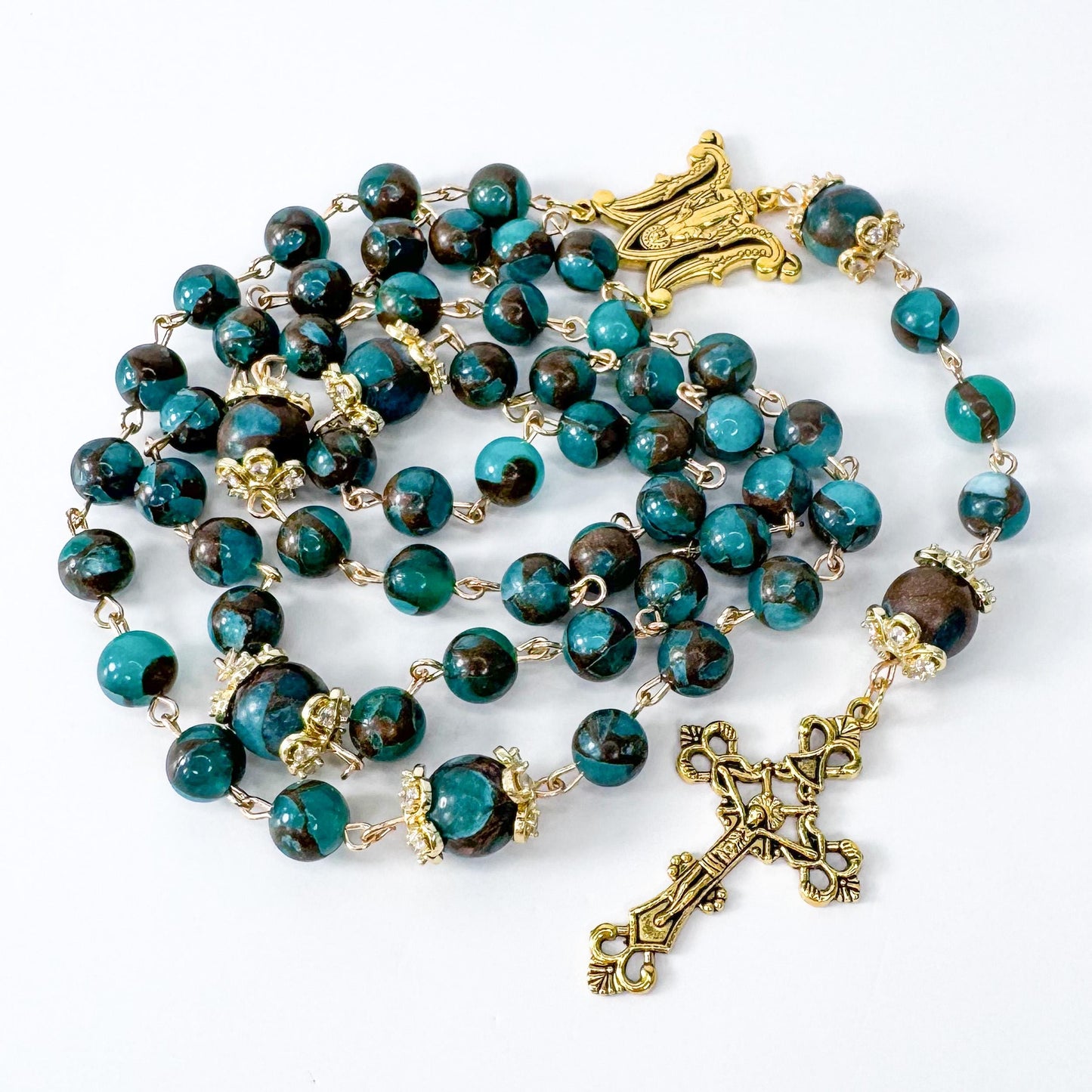 Miraculous Medal Green Cloisonne Jasper Beaded Rosary