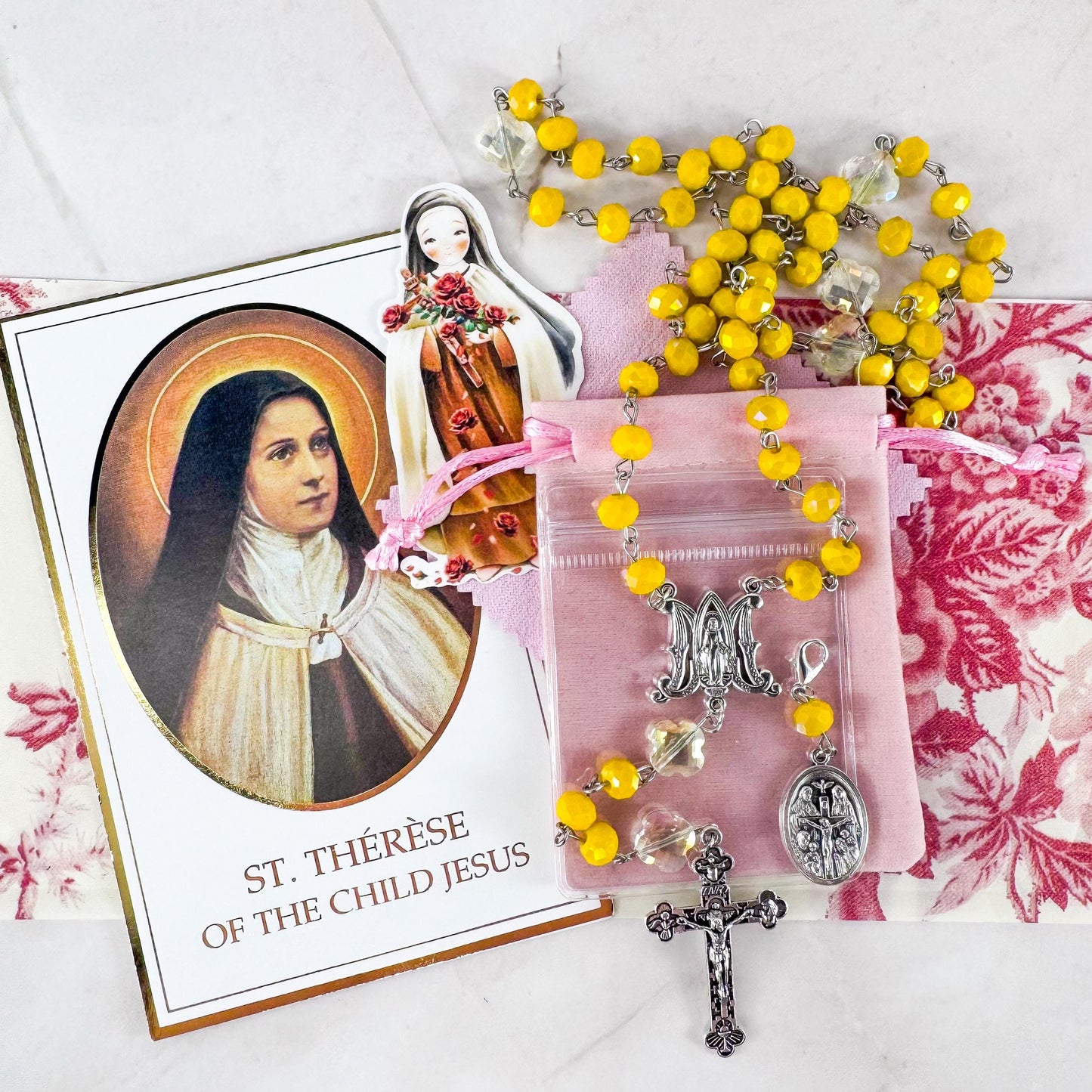 Catholic Rosary Gift Set – Yellow Crystal Beads, Miraculous Medal Centerpiece with Matching Four-Way Medal Marker, RCIA Gifts for Adults