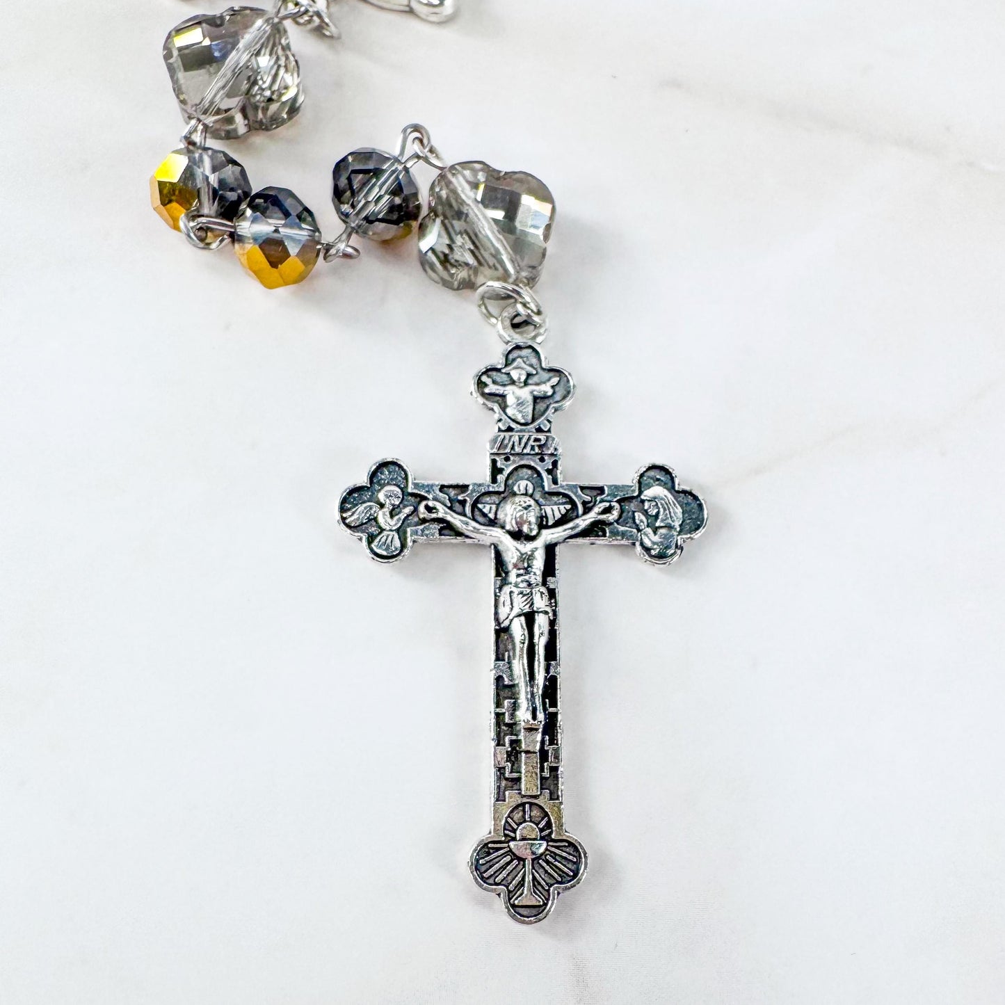 Catholic Rosary Gift Set –  Gold Crystal Beads, Miraculous Medal Centerpiece with Matching Four-Way Medal Marker, RCIA Gifts for Adults