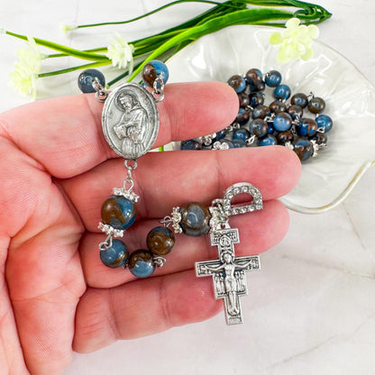 St Francis of Assisi Blue Cloisonne Jasper Beaded Rosary