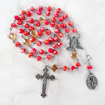 Catholic Rosary Gift Set – Coral Red Crystal Beads, Miraculous Medal Centerpiece with Matching Four-Way Medal Marker, RCIA Gifts for Adults