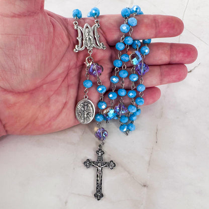 Catholic Rosary Gift Set – Light Blue Crystal Beads, Miraculous Medal Centerpiece with Matching Four-Way Medal Marker, RCIA Gifts for Adults