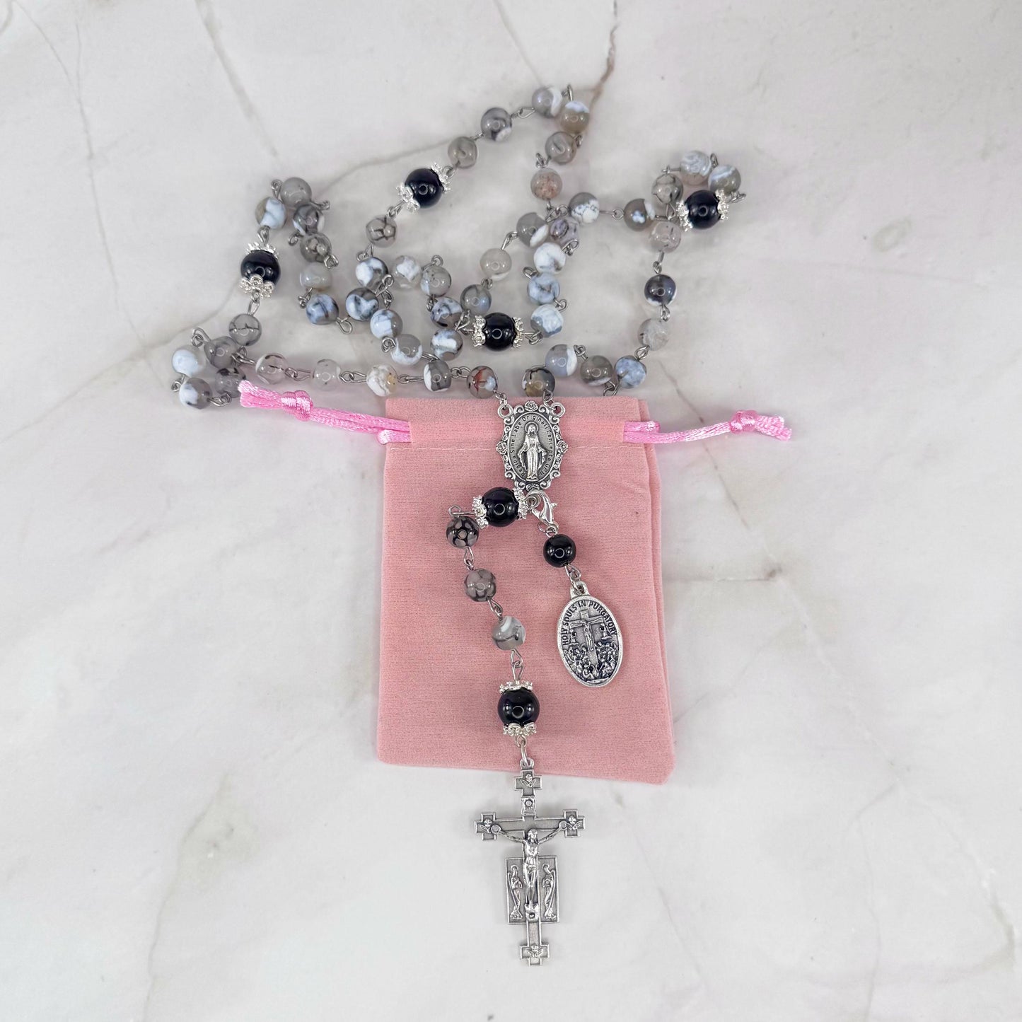 Holy Souls in Purgatory Black Onyx Beaded Rosary