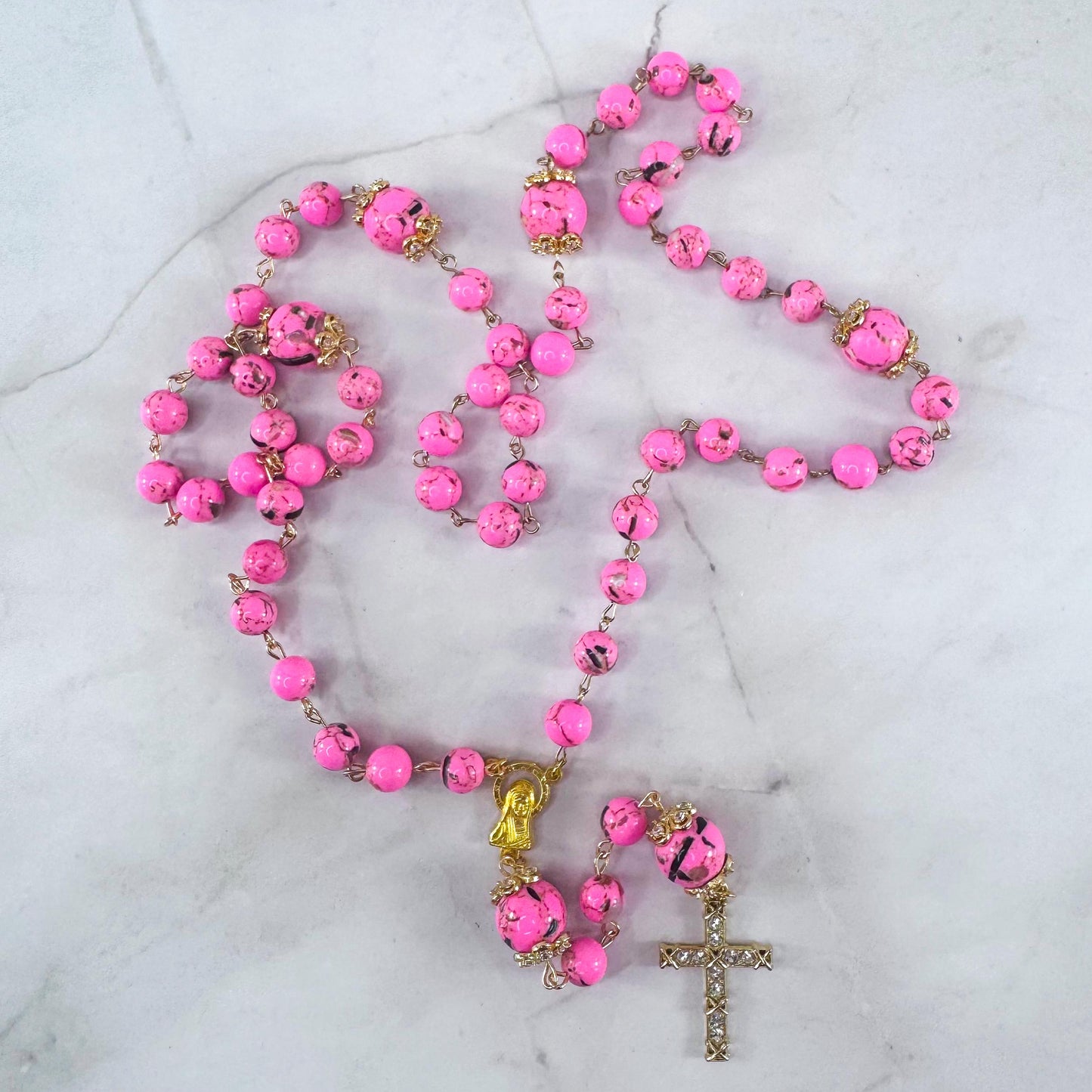 Our Lady of Peace Pink Terrazzo Shell Beaded Rosary