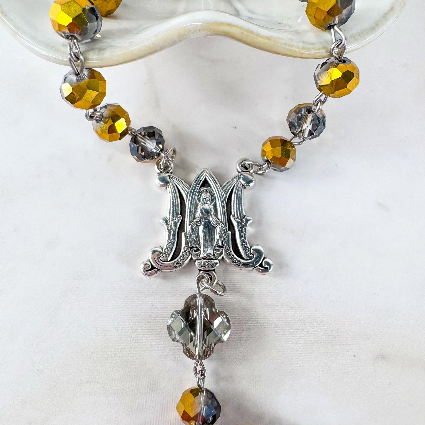 Catholic Rosary Gift Set –  Gold Crystal Beads, Miraculous Medal Centerpiece with Matching Four-Way Medal Marker, RCIA Gifts for Adults
