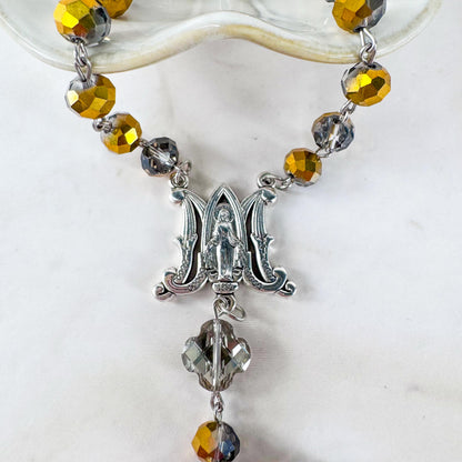 Catholic Rosary Gift Set –  Gold Crystal Beads, Miraculous Medal Centerpiece with Matching Four-Way Medal Marker, RCIA Gifts for Adults
