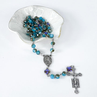 St Michael & Guardian Angel Iridescent Lake Blue Crystal Rosary