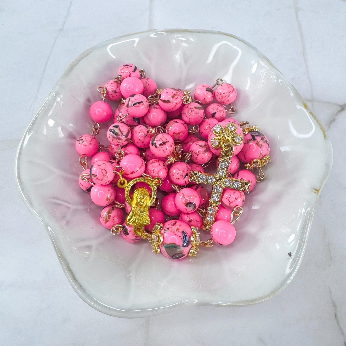 Our Lady of Peace Pink Terrazzo Shell Beaded Rosary