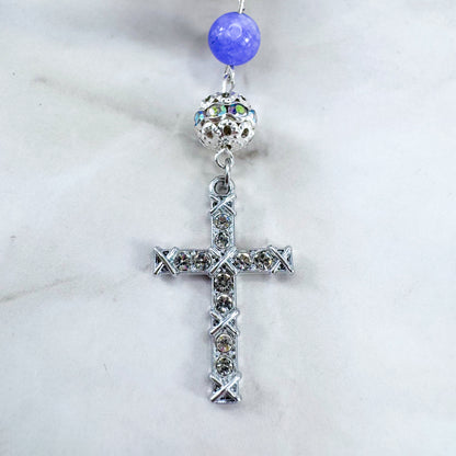 Luxury Catholic rosary bracelet handcrafted with natural Periwinkle Blue Angelite gemstone beads, a silver-tone cross with zirconia accents, and a Lady of Guadalupe medal. Adjustable beaded bracelet perfect for prayer, religious gifts, Confirmation, bridesmaid gifts, or everyday devotion. Made in Edmonton, AB, Canada.