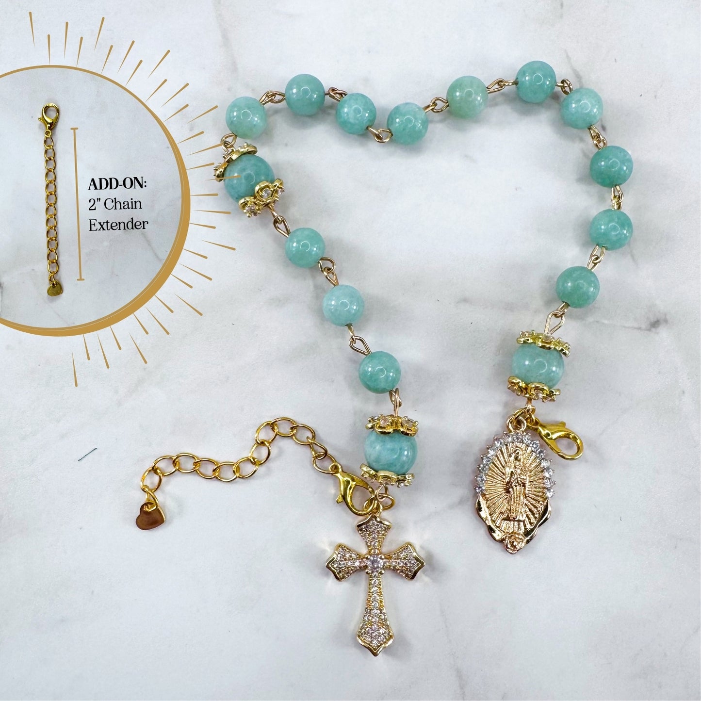 Luxury Catholic rosary bracelet handcrafted with natural Emerald Green Jade gemstone beads, a gold-tone cross with zirconia accents, and a Lady of Guadalupe medal. Adjustable beaded bracelet perfect for prayer, religious gifts, Confirmation, bridesmaid gifts, or everyday devotion. Made in Edmonton, AB, Canada.