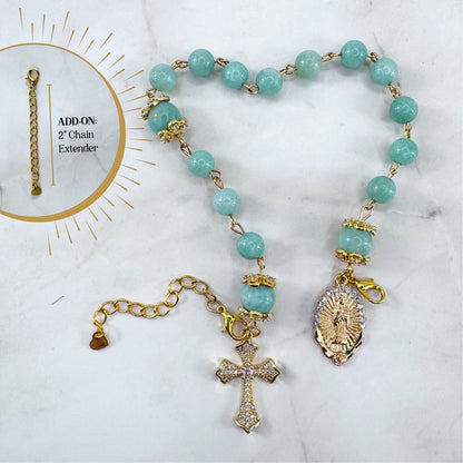 Luxury Catholic rosary bracelet handcrafted with natural Emerald Green Jade gemstone beads, a gold-tone cross with zirconia accents, and a Lady of Guadalupe medal. Adjustable beaded bracelet perfect for prayer, religious gifts, Confirmation, bridesmaid gifts, or everyday devotion. Made in Edmonton, AB, Canada.