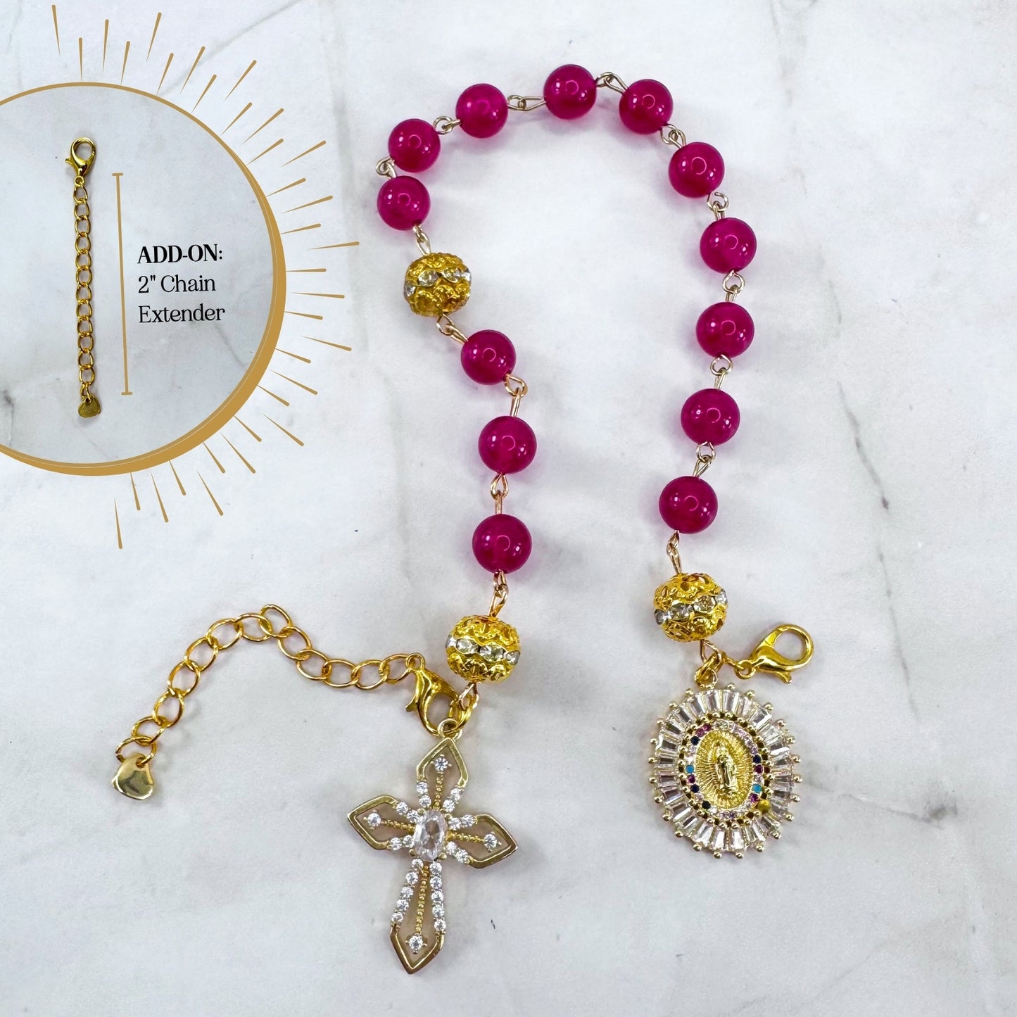 Luxury Catholic rosary bracelet handcrafted with natural Rose Red Chalcedony gemstone beads, a gold-tone cross with zirconia accents, and a Lady of Guadalupe medal. Adjustable beaded bracelet perfect for prayer, religious gifts, Confirmation, bridesmaid gifts, or everyday devotion. Made in Edmonton, AB, Canada.