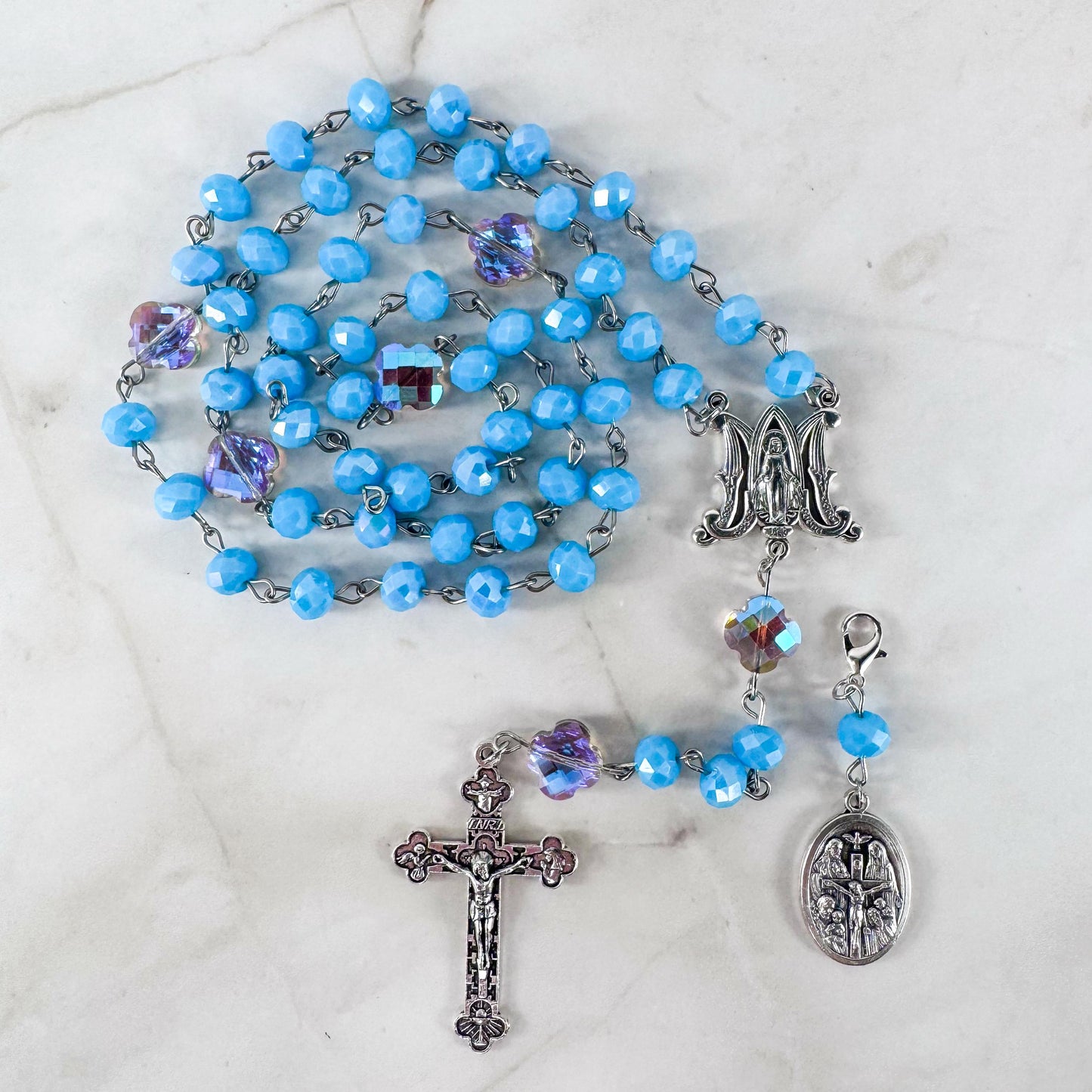 Catholic Rosary Gift Set – Light Blue Crystal Beads, Miraculous Medal Centerpiece with Matching Four-Way Medal Marker, RCIA Gifts for Adults