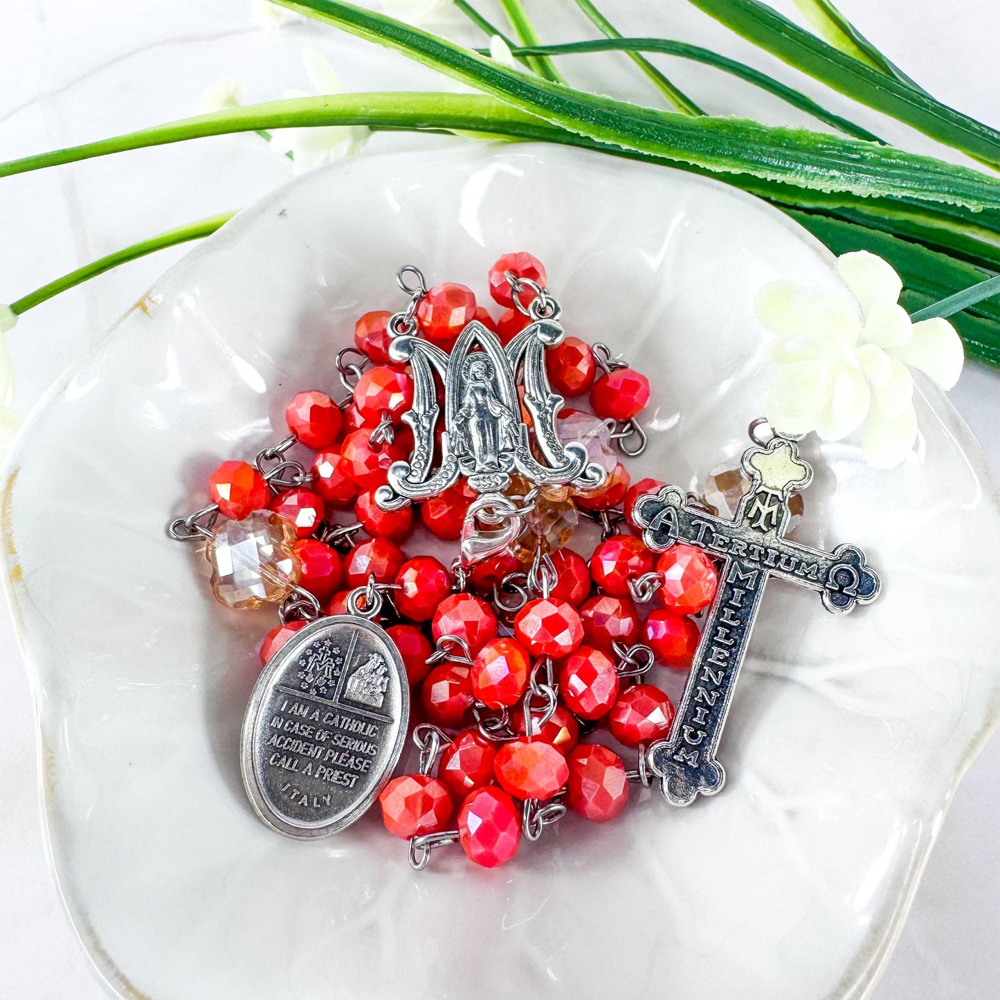 Catholic Rosary Gift Set – Coral Red Crystal Beads, Miraculous Medal Centerpiece with Matching Four-Way Medal Marker, RCIA Gifts for Adults
