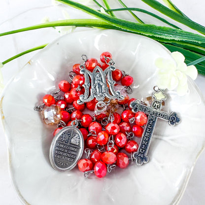 Catholic Rosary Gift Set – Coral Red Crystal Beads, Miraculous Medal Centerpiece with Matching Four-Way Medal Marker, RCIA Gifts for Adults