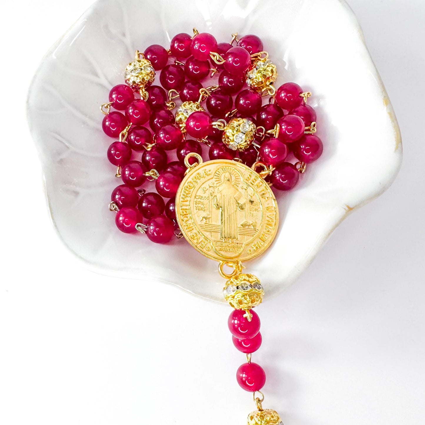 St Benedict Red Chalcedony Beaded Catholic Rosary