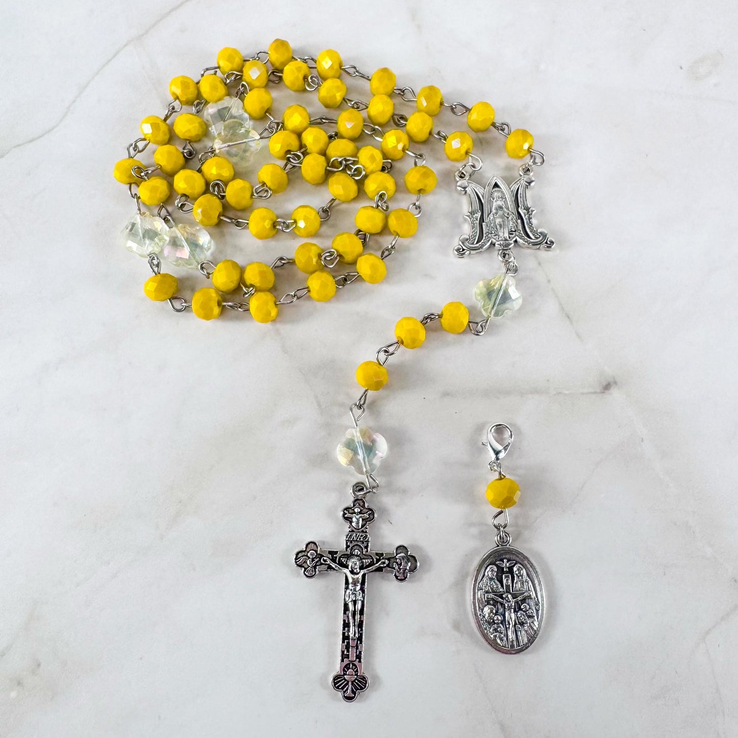 Catholic Rosary Gift Set – Yellow Crystal Beads, Miraculous Medal Centerpiece with Matching Four-Way Medal Marker, RCIA Gifts for Adults