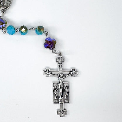 St Michael & Guardian Angel Iridescent Lake Blue Crystal Rosary