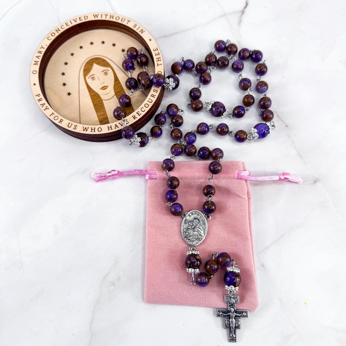 St Anthony of Padua Purple Cloisonné Beaded Rosary