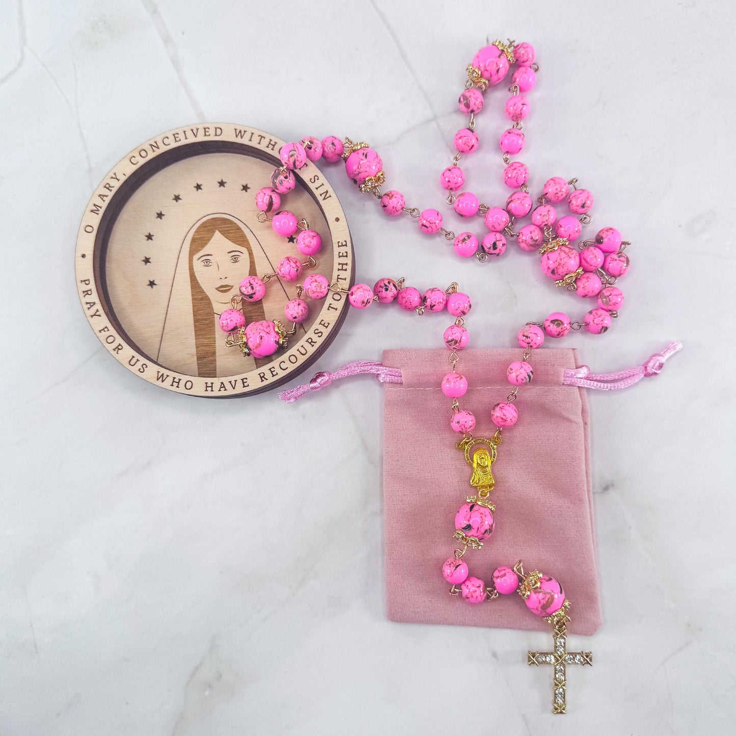 Our Lady of Peace Pink Terrazzo Shell Beaded Rosary