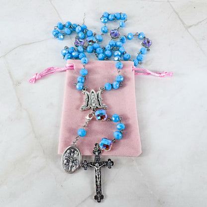 Catholic Rosary Gift Set – Light Blue Crystal Beads, Miraculous Medal Centerpiece with Matching Four-Way Medal Marker, RCIA Gifts for Adults