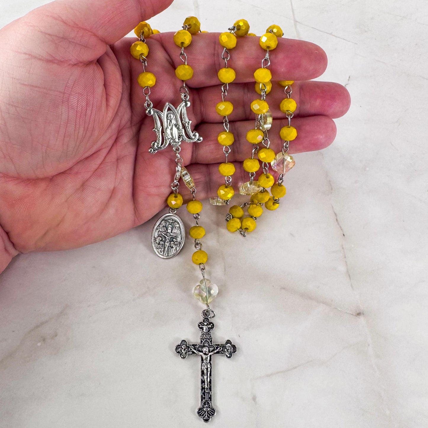 Catholic Rosary Gift Set – Yellow Crystal Beads, Miraculous Medal Centerpiece with Matching Four-Way Medal Marker, RCIA Gifts for Adults