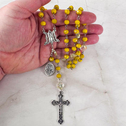 Catholic Rosary Gift Set – Yellow Crystal Beads, Miraculous Medal Centerpiece with Matching Four-Way Medal Marker, RCIA Gifts for Adults