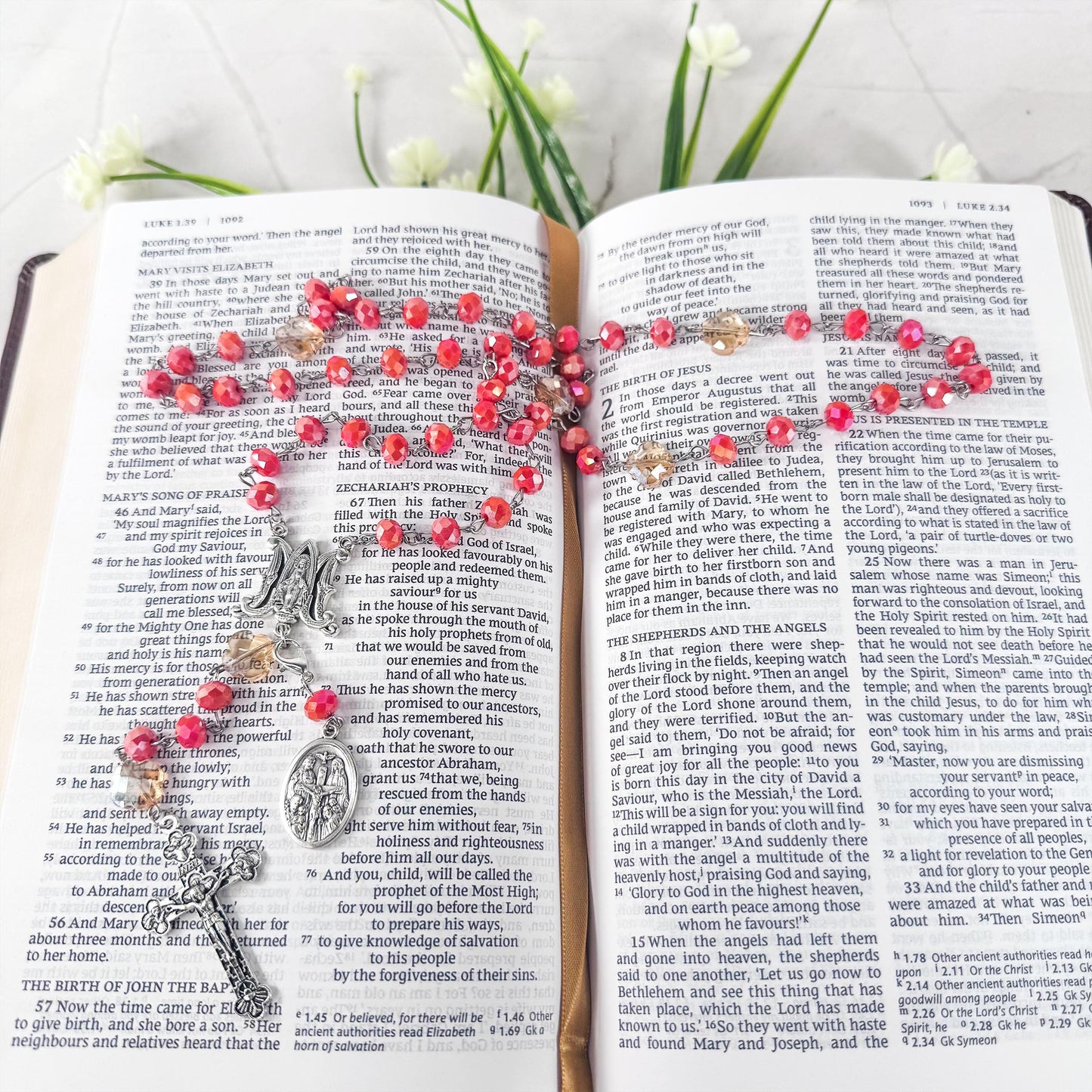 Catholic Rosary Gift Set – Coral Red Crystal Beads, Miraculous Medal Centerpiece with Matching Four-Way Medal Marker, RCIA Gifts for Adults