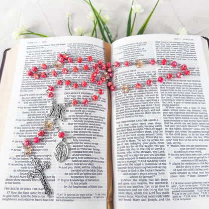 Catholic Rosary Gift Set – Coral Red Crystal Beads, Miraculous Medal Centerpiece with Matching Four-Way Medal Marker, RCIA Gifts for Adults