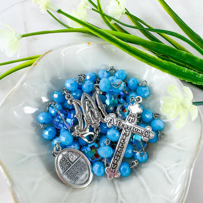 Catholic Rosary Gift Set – Light Blue Crystal Beads, Miraculous Medal Centerpiece with Matching Four-Way Medal Marker, RCIA Gifts for Adults