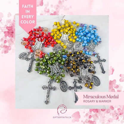 Catholic Rosary Gift Set – Light Blue Crystal Beads, Miraculous Medal Centerpiece with Matching Four-Way Medal Marker, RCIA Gifts for Adults