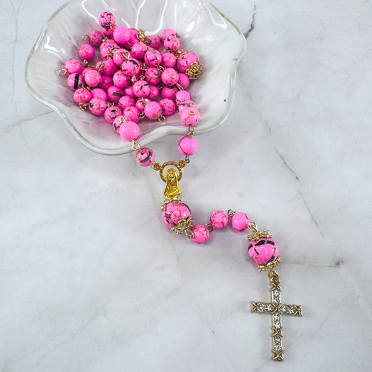 Our Lady of Peace Pink Terrazzo Shell Beaded Rosary