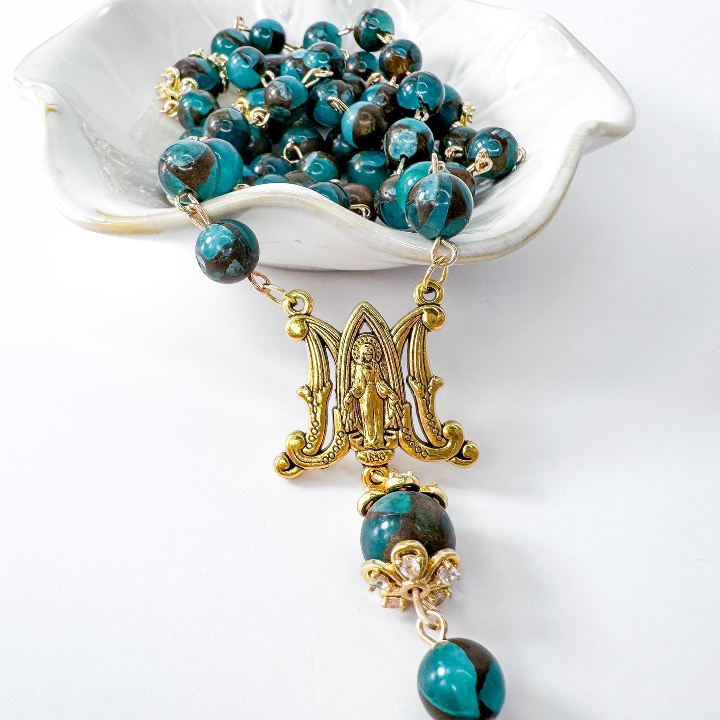 Miraculous Medal Green Cloisonne Jasper Beaded Rosary