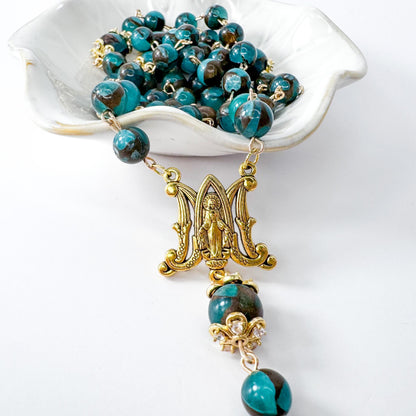 Miraculous Medal Green Cloisonne Jasper Beaded Rosary
