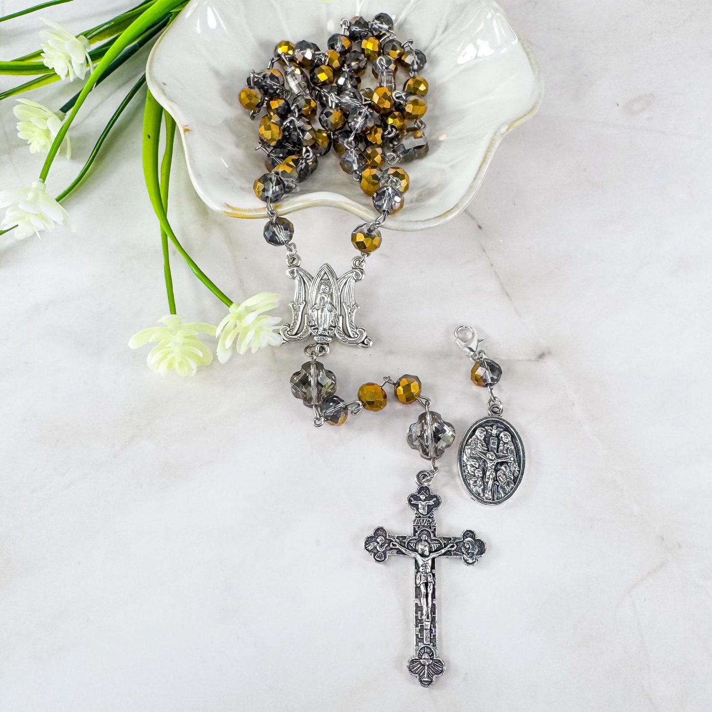 Catholic Rosary Gift Set –  Gold Crystal Beads, Miraculous Medal Centerpiece with Matching Four-Way Medal Marker, RCIA Gifts for Adults