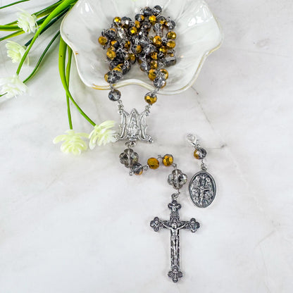 Catholic Rosary Gift Set –  Gold Crystal Beads, Miraculous Medal Centerpiece with Matching Four-Way Medal Marker, RCIA Gifts for Adults
