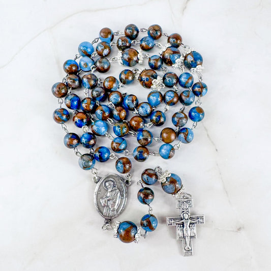 St Francis of Assisi Blue Cloisonne Jasper Beaded Rosary
