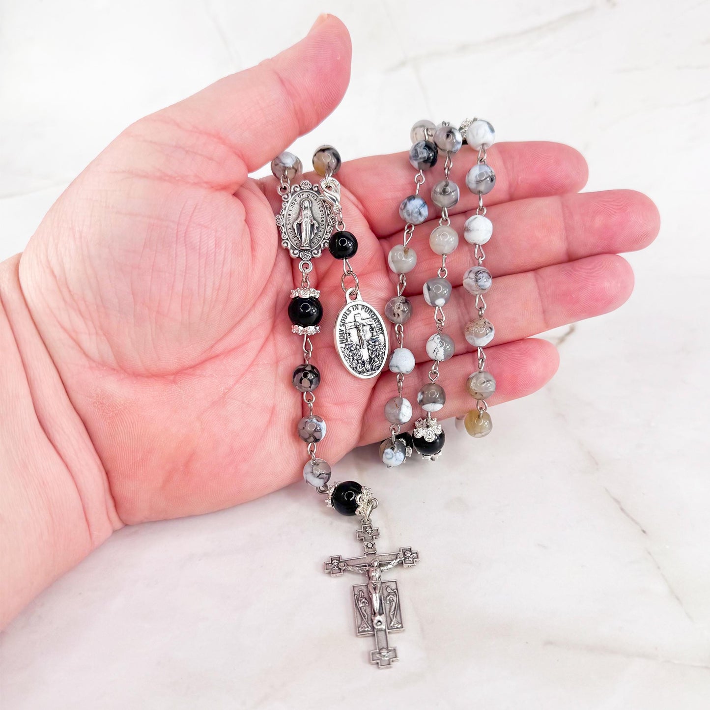 Holy Souls in Purgatory Black Onyx Beaded Rosary