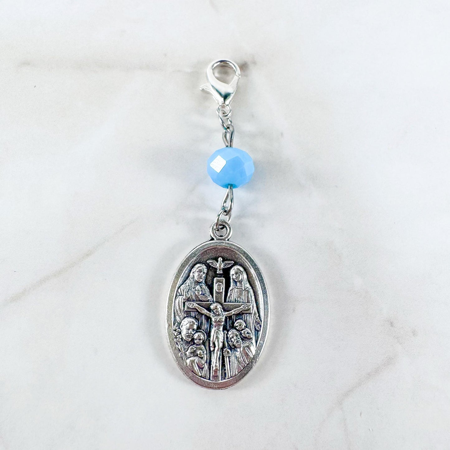 Catholic Rosary Gift Set – Light Blue Crystal Beads, Miraculous Medal Centerpiece with Matching Four-Way Medal Marker, RCIA Gifts for Adults