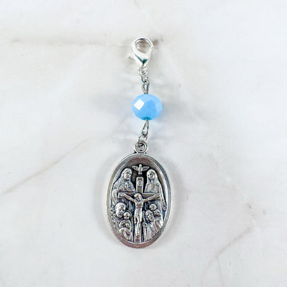 Catholic Rosary Gift Set – Light Blue Crystal Beads, Miraculous Medal Centerpiece with Matching Four-Way Medal Marker, RCIA Gifts for Adults