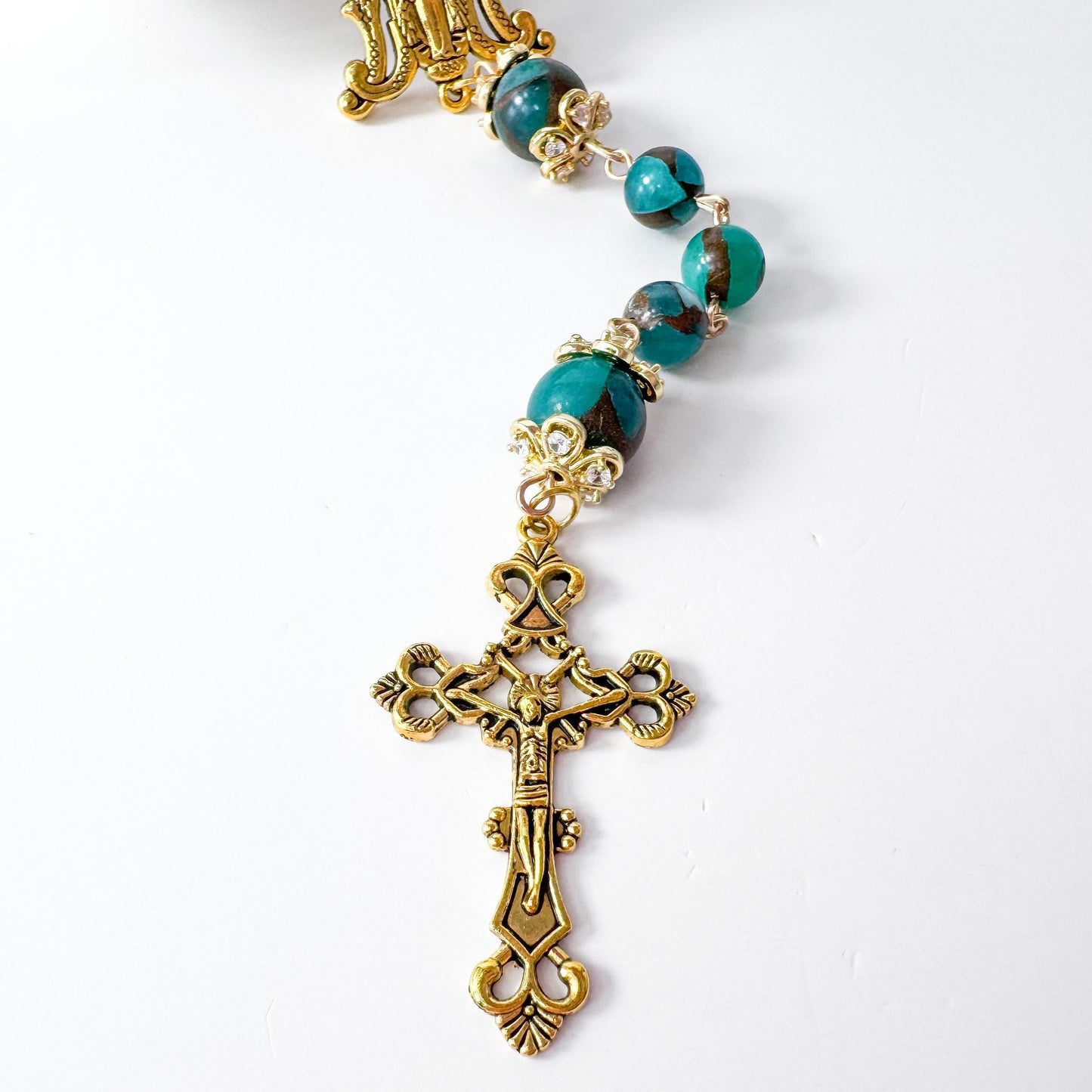 Miraculous Medal Green Cloisonne Jasper Beaded Rosary