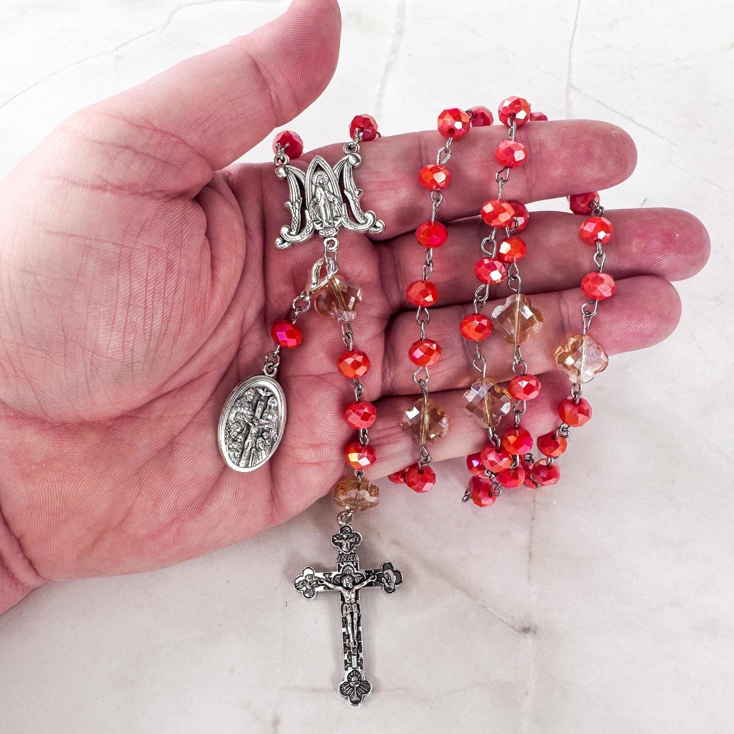 Catholic Rosary Gift Set – Coral Red Crystal Beads, Miraculous Medal Centerpiece with Matching Four-Way Medal Marker, RCIA Gifts for Adults