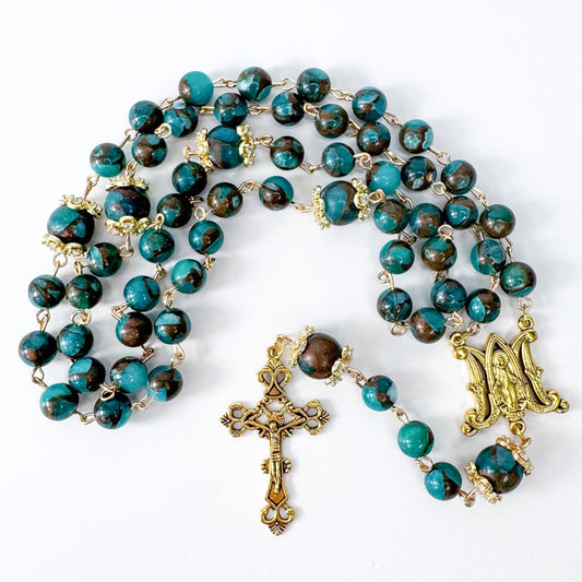 Miraculous Medal Green Cloisonne Jasper Beaded Rosary
