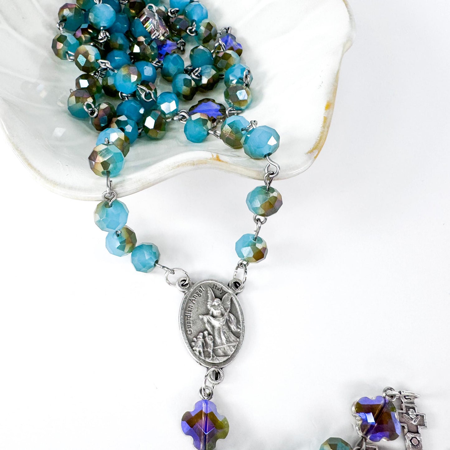 St Michael & Guardian Angel Iridescent Lake Blue Crystal Rosary