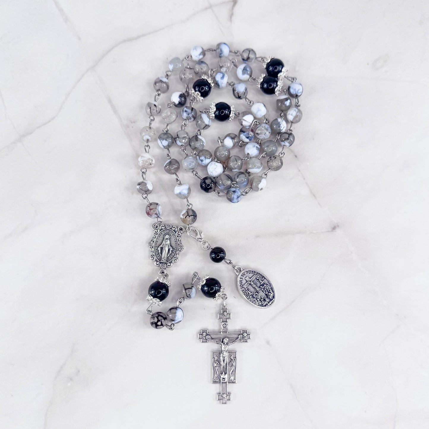 Holy Souls in Purgatory Black Onyx Beaded Rosary
